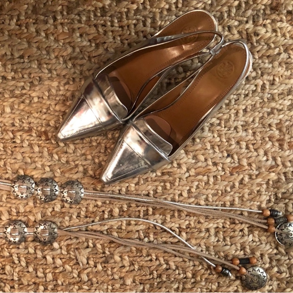 Tory Burch Silver Pointed Toe Slingback Heels
